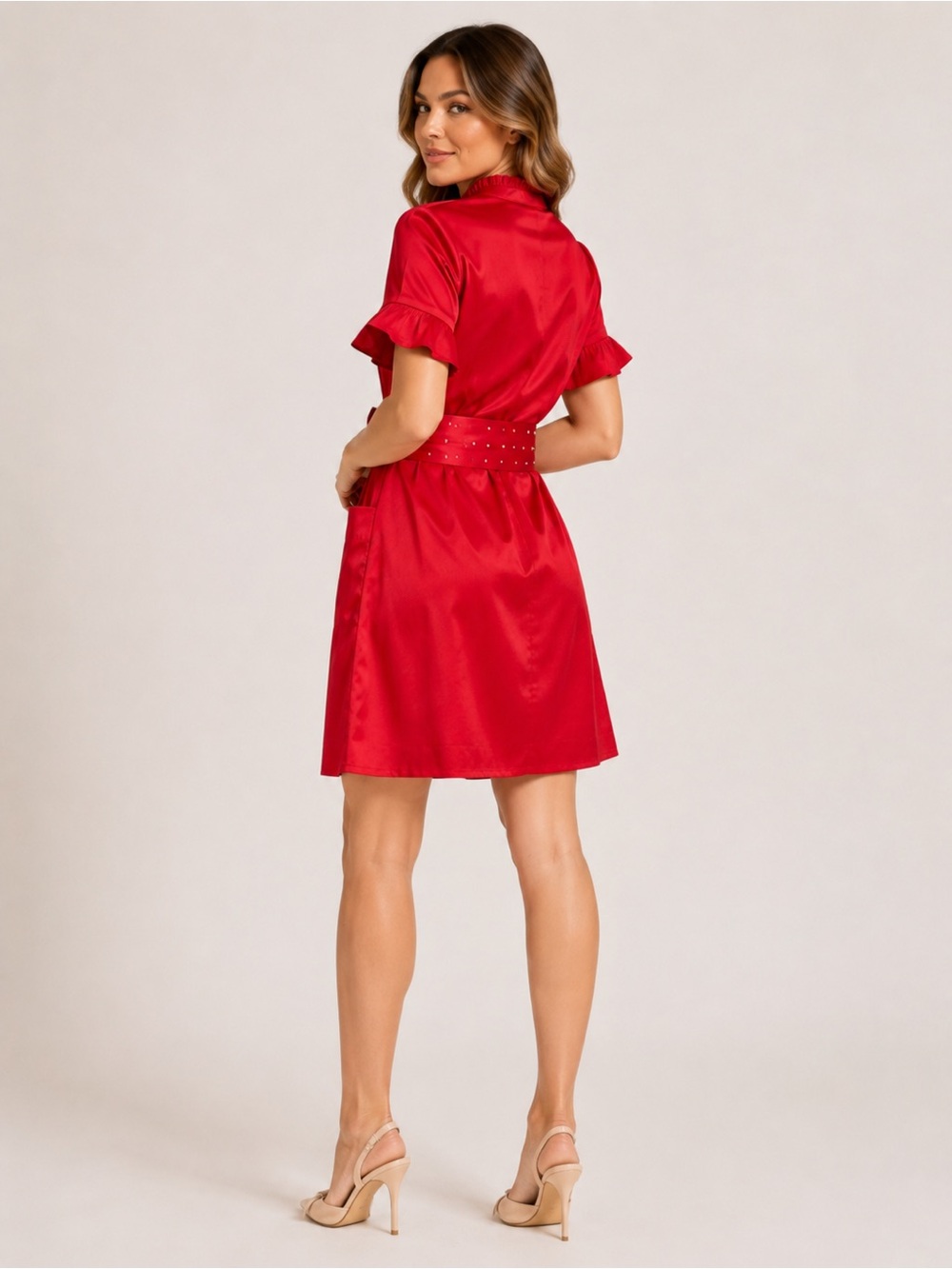 J.Marie Dress Women Red Ruffle Button Front Belted Size M NWT - Picture 4 of 10